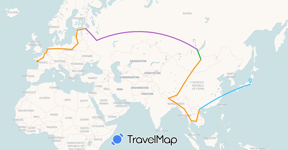 TravelMap itinerary: bus, train, boat, hitchhiking in Belgium, China, Germany, Estonia, France, Japan, Cambodia, Lithuania, Latvia, Myanmar (Burma), Mongolia, Nepal, Poland, Thailand, Vietnam (Asia, Europe)